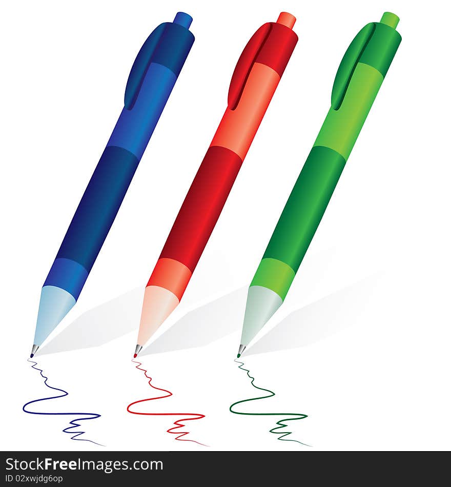 Three color pens isolated on a white background. Three color pens isolated on a white background
