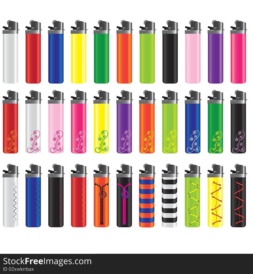 Set of multicolored lighters isolated on a white background