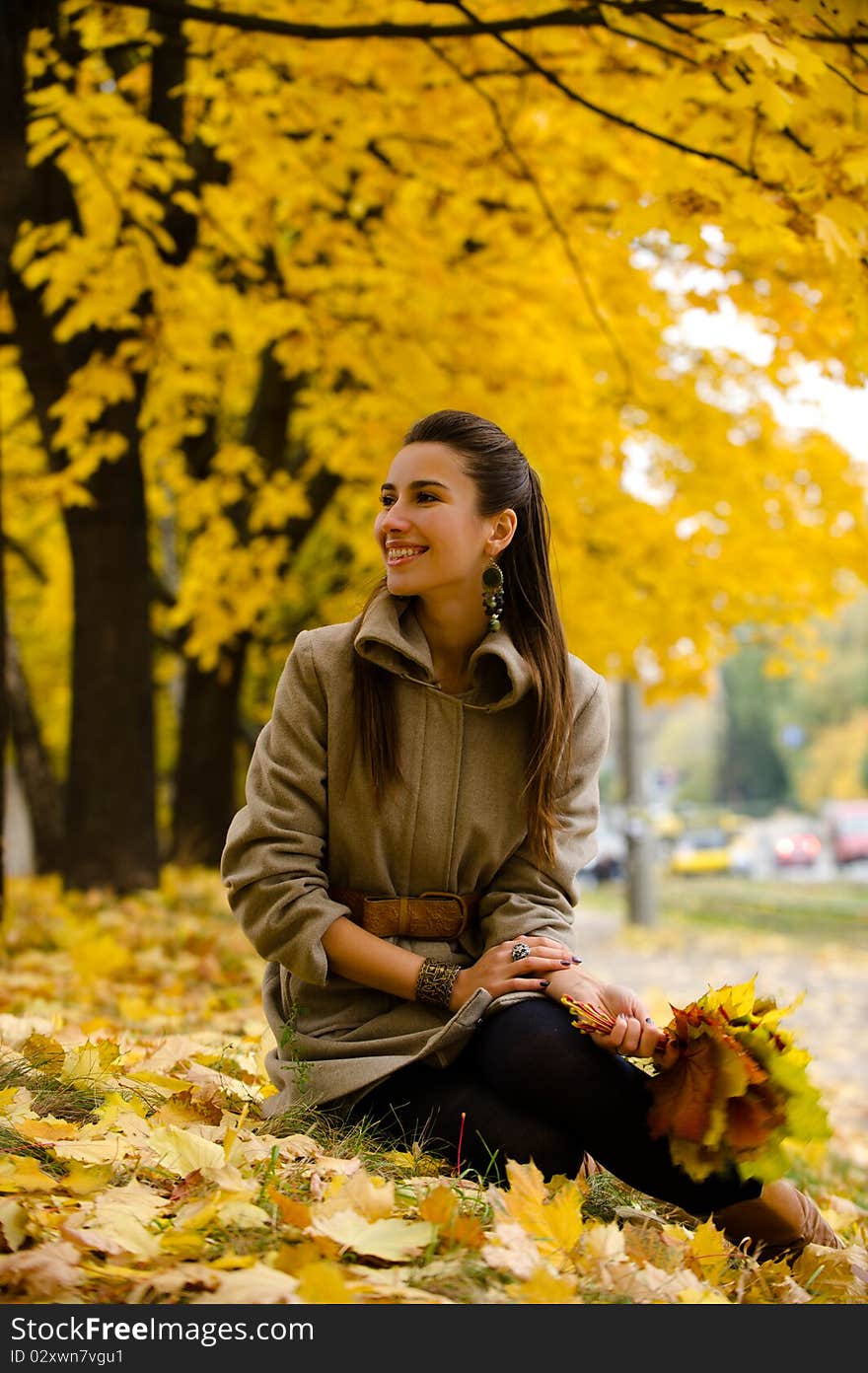 The young girl smiles sitting on leaves. The young girl smiles sitting on leaves