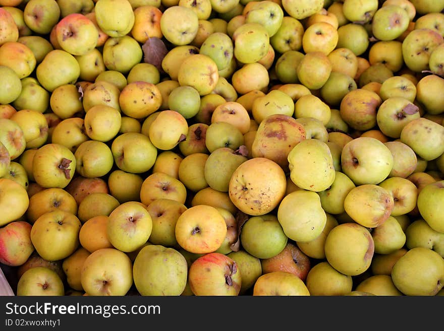 Closeup of multiple yellow apples for sale at an outdoor market.