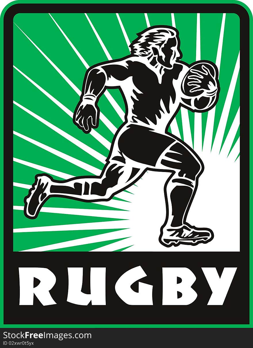 Retro style illustration of a Rugby player running with ball and sunburst in background with words rugby