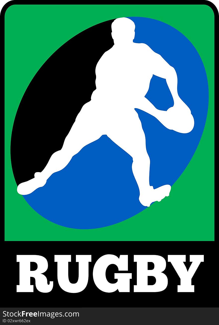 Illustration of a silhouette of Rugby player running passing run ball with words rugby