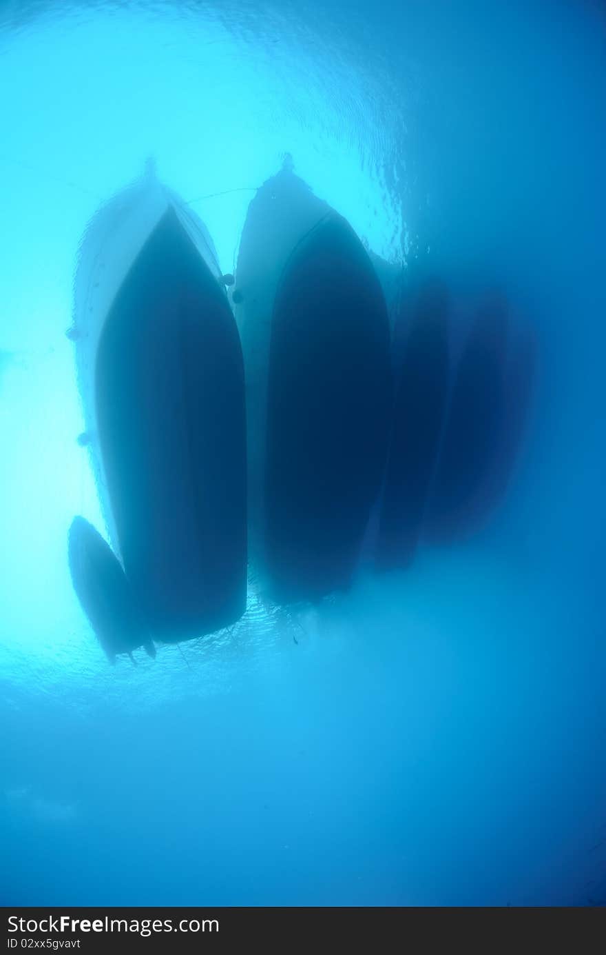 Underwater view of dive boats moored up together.