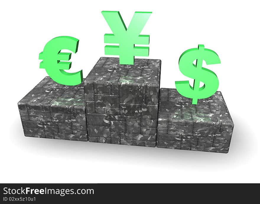 Dollar, Euro and Yen signs on Podium. Dollar, Euro and Yen signs on Podium