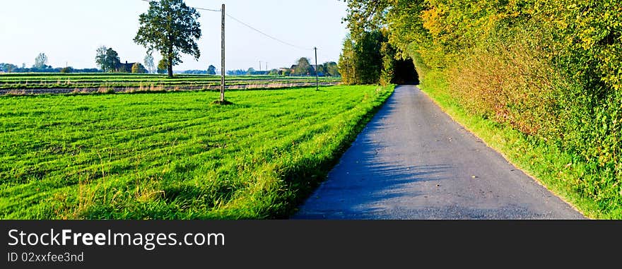 Motorway, asphalt road under fluffy clouds, fall scenic highway