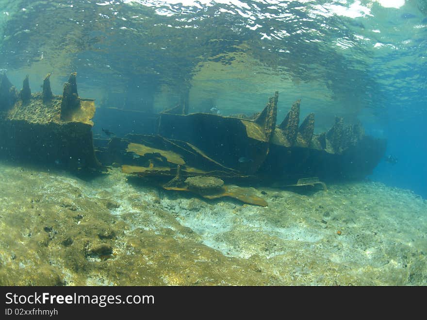 Underwater view of the shipwreck SS Lara which struck Jackson reef situated in the Straits of Tiran in 1982. Jackson Reef, Red Sea, Egypt. Underwater view of the shipwreck SS Lara which struck Jackson reef situated in the Straits of Tiran in 1982. Jackson Reef, Red Sea, Egypt.