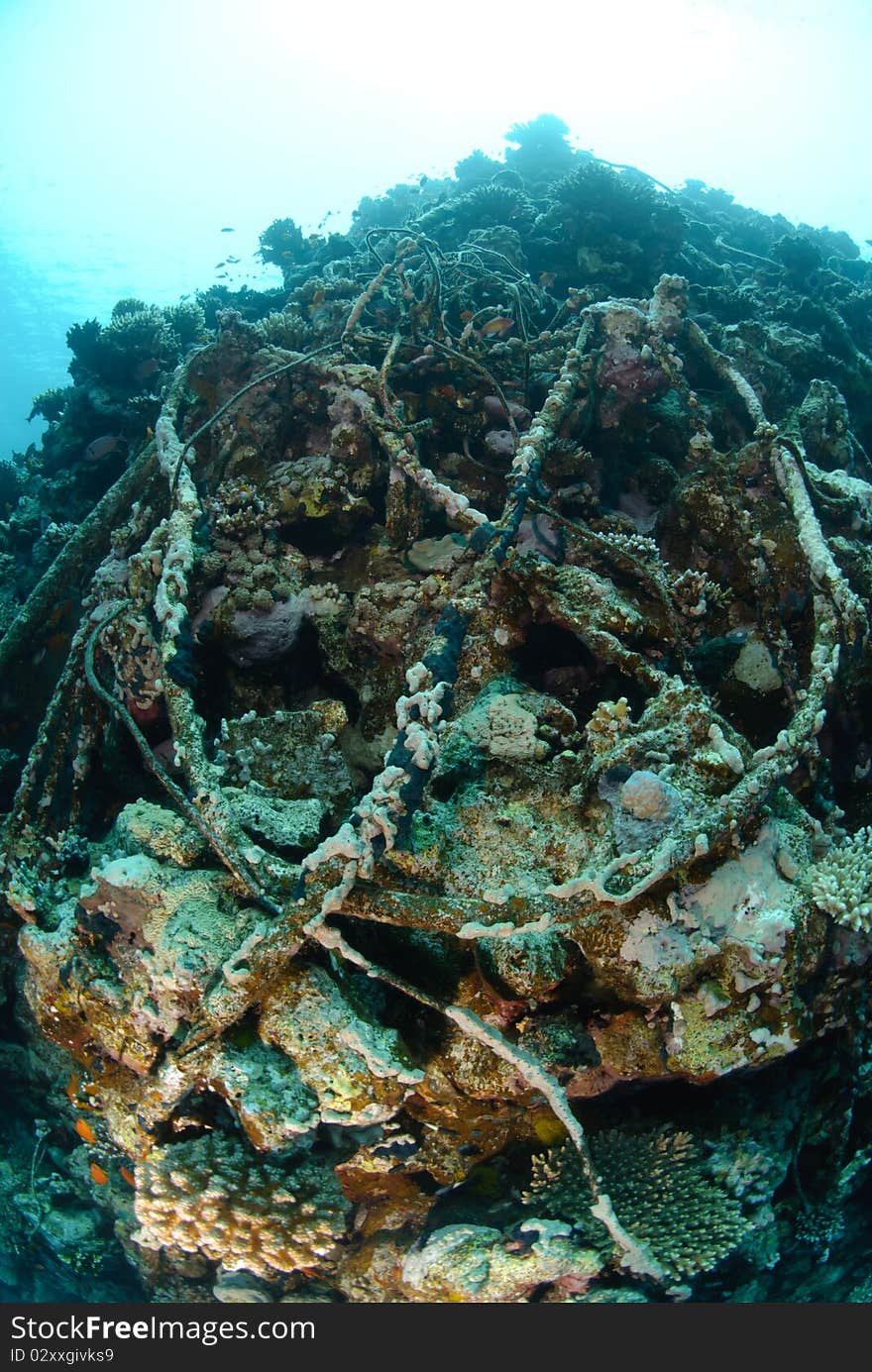 Wreckage from the shipwreck SS Lara which struck Jackson reef, situated in the Straits of Tiran in 1982. Jackson Reef, Red Sea, Egypt. Wreckage from the shipwreck SS Lara which struck Jackson reef, situated in the Straits of Tiran in 1982. Jackson Reef, Red Sea, Egypt.