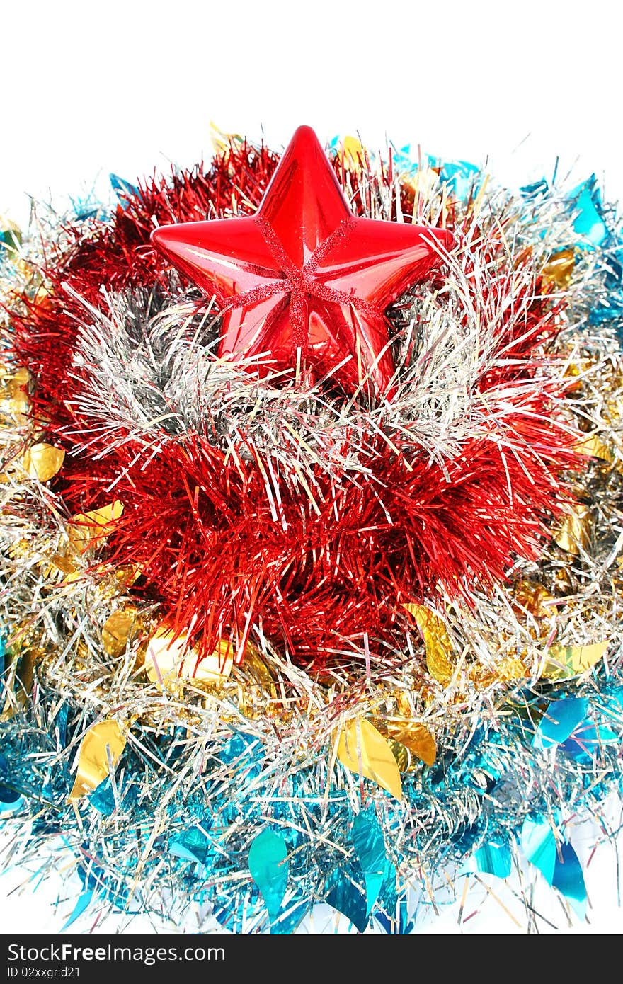 Christmas  red star with colorful garlands  isolated  on white background.