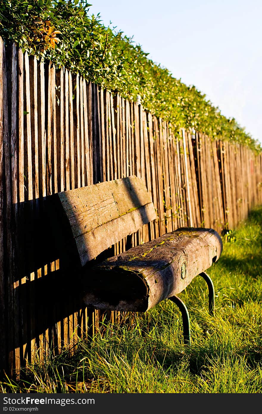 Old wooden boundary fence with nails on sunny day