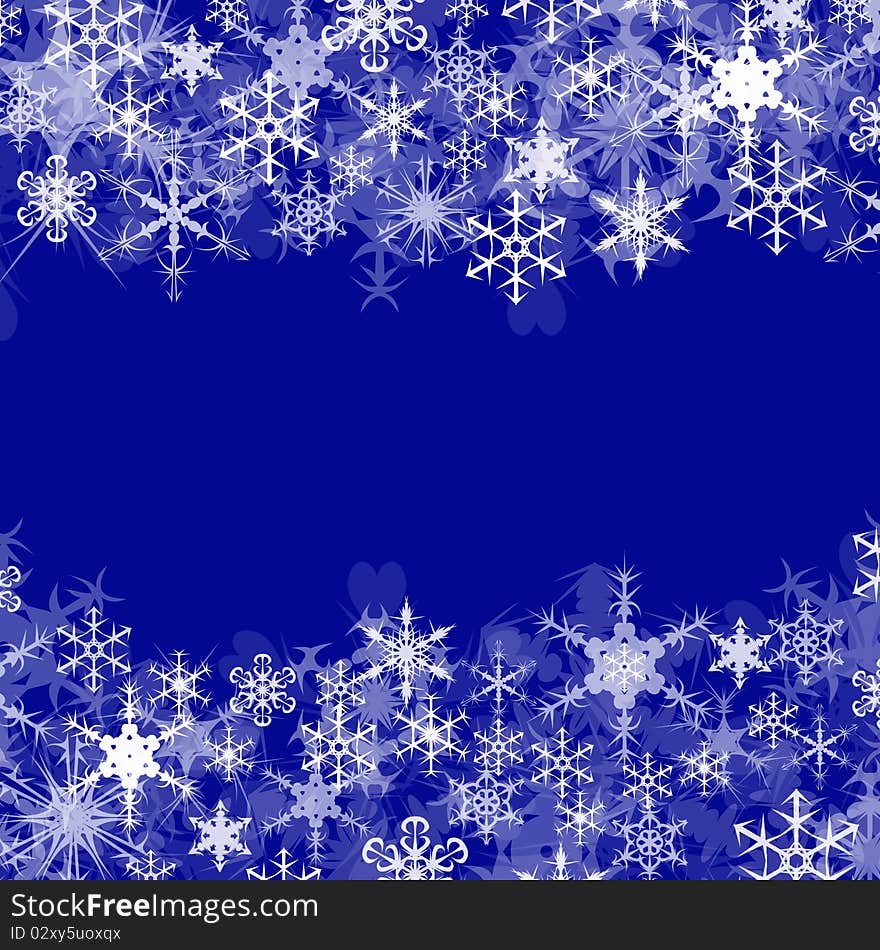 The image of snowflakes of white and blue colors on a dark blue background. The image of snowflakes of white and blue colors on a dark blue background.