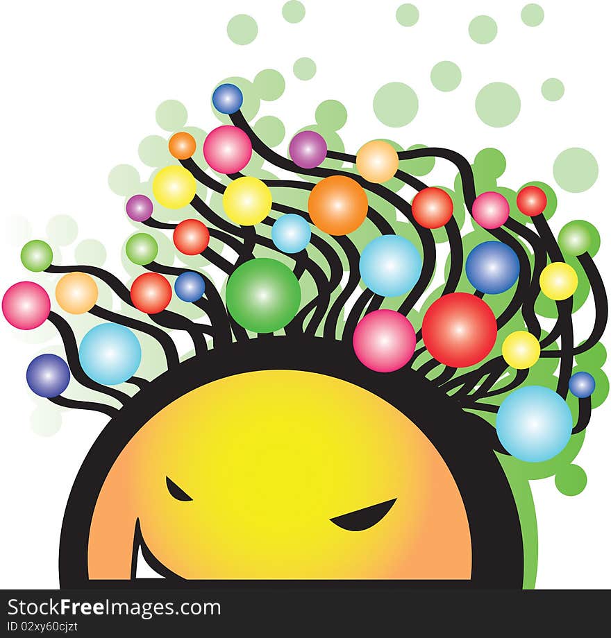 Cartoon man happy face with colored round hair