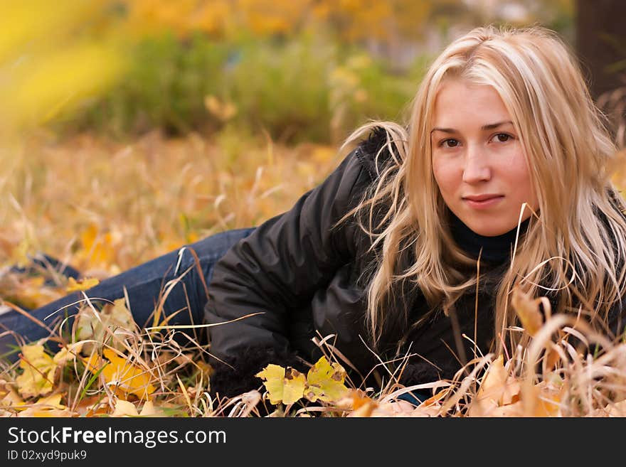 Beautiful Young Woman In Autumn Leaves