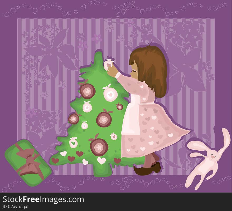 Vector illustration of little girl decorating the fur-tree. Vector illustration of little girl decorating the fur-tree