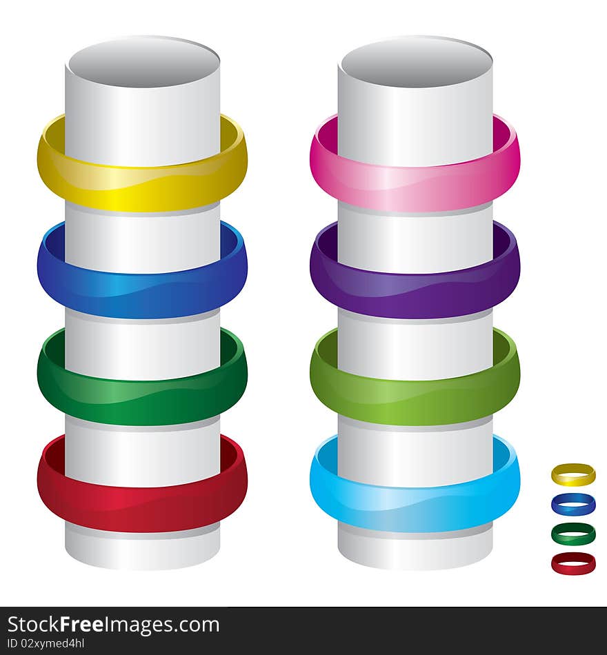 Set of eight color rings isolated on a white background