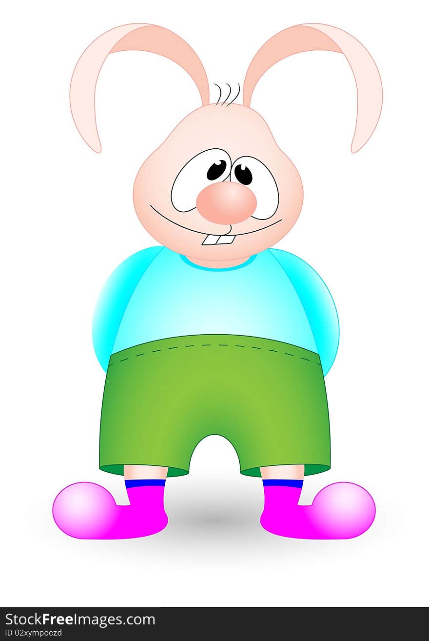 Hare in a blue shirt and green shorts. Vector image.