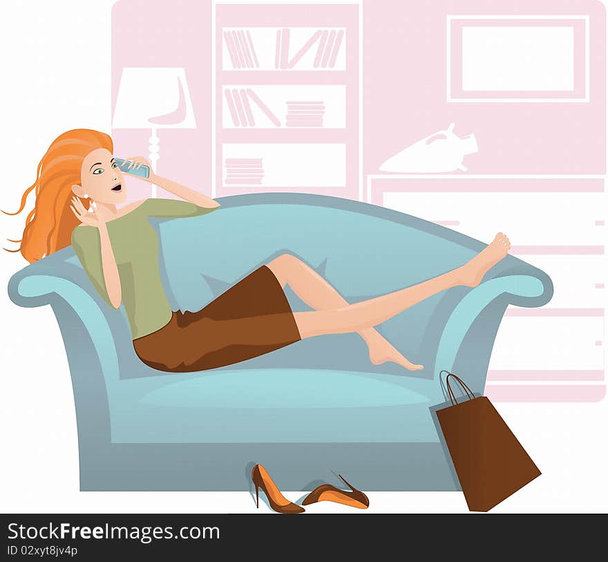 Image of a young girl, who is resting on the couch and talking on a mobile phone. Image of a young girl, who is resting on the couch and talking on a mobile phone.