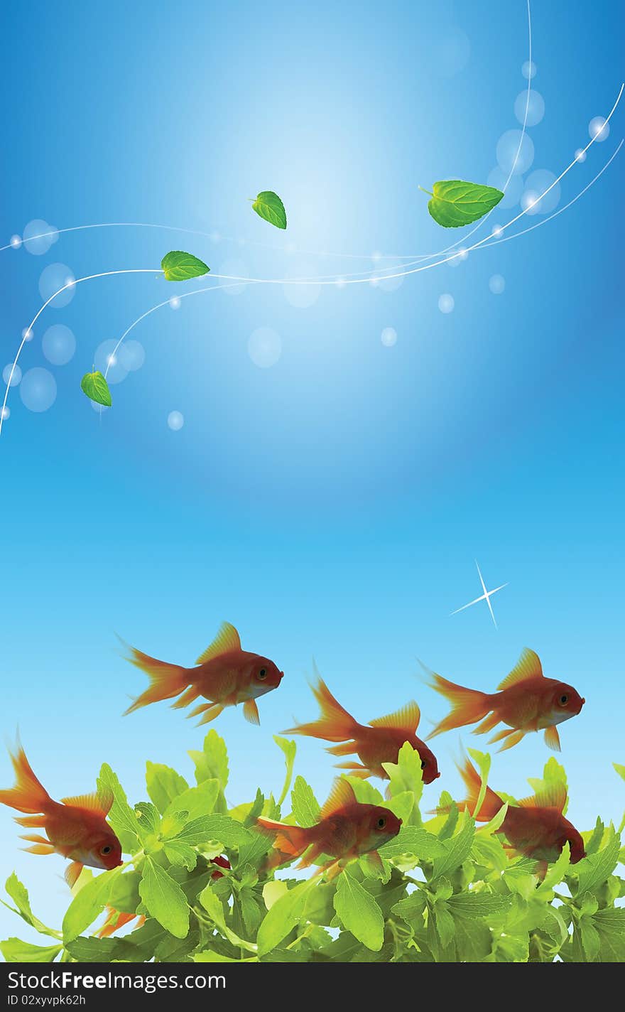 Fishes in sea with after all bushes of leaves and in surface other leaves and halo of light. Fishes in sea with after all bushes of leaves and in surface other leaves and halo of light