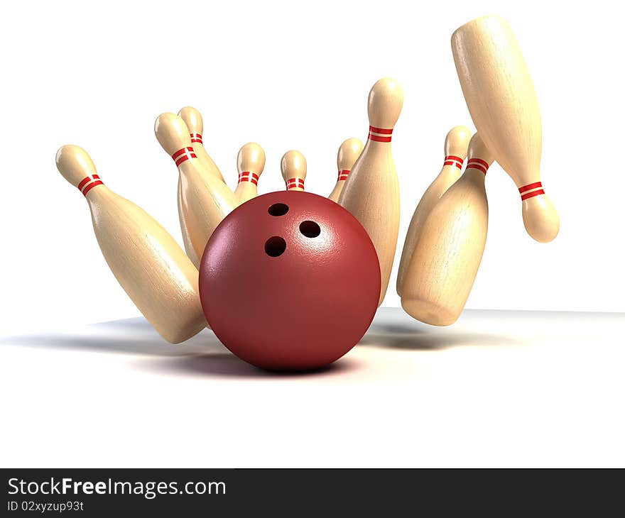 Skittles and ball on white background, bowling