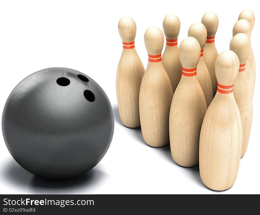 Skittles and black ball on white background, bowling