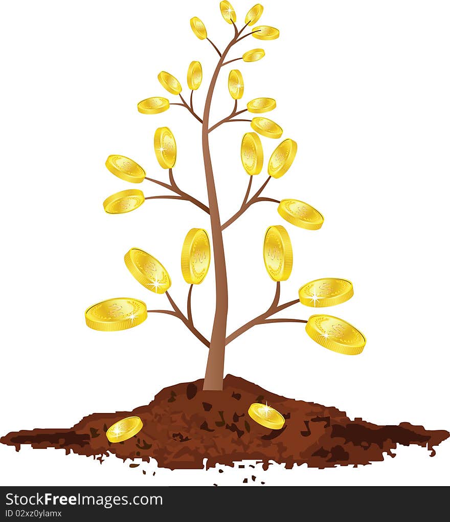 Tree with golden coins, Isolated On White