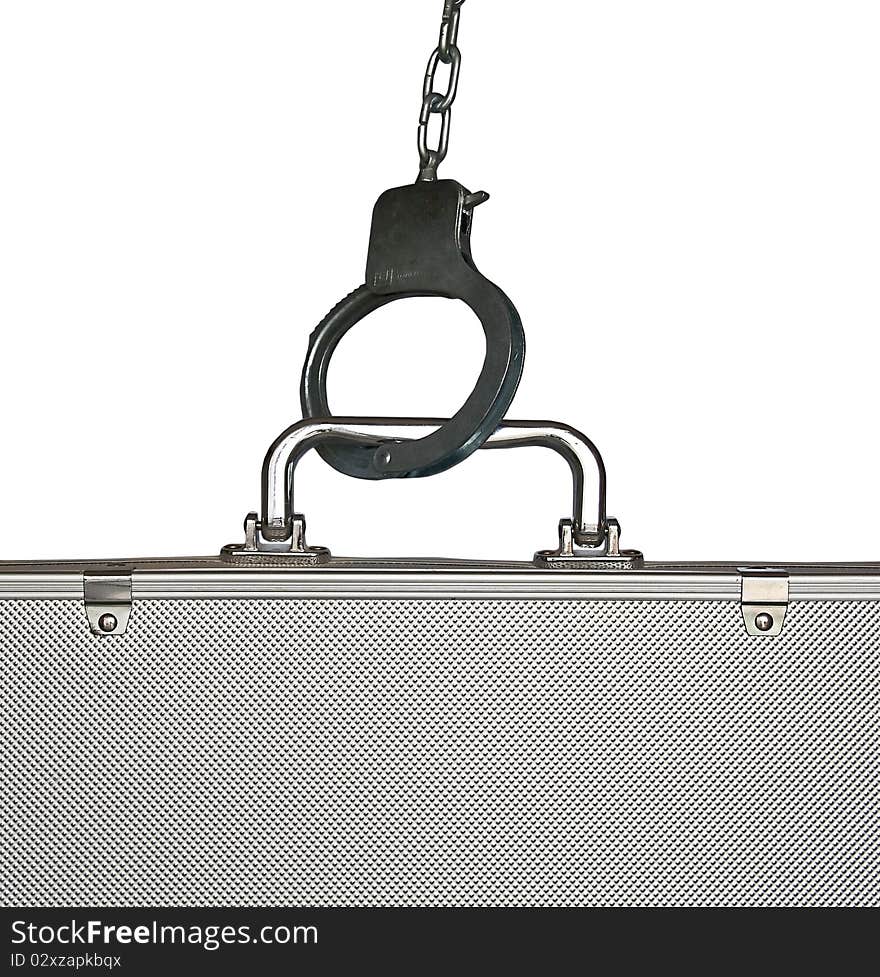 Handcuffs and a metal suitcase. Handcuffs and a metal suitcase