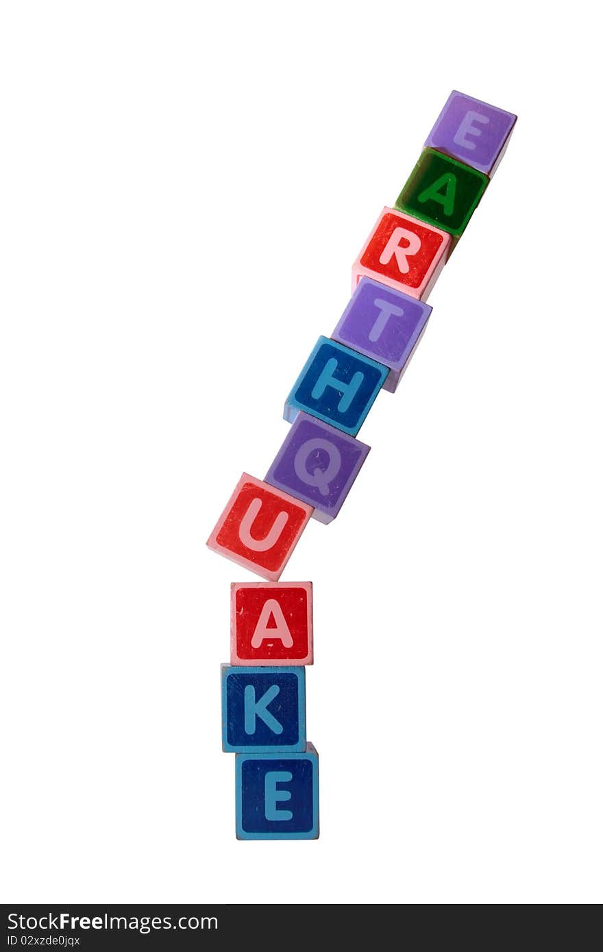 Toy letters that spell earthquake against a white background with clipping path. Toy letters that spell earthquake against a white background with clipping path