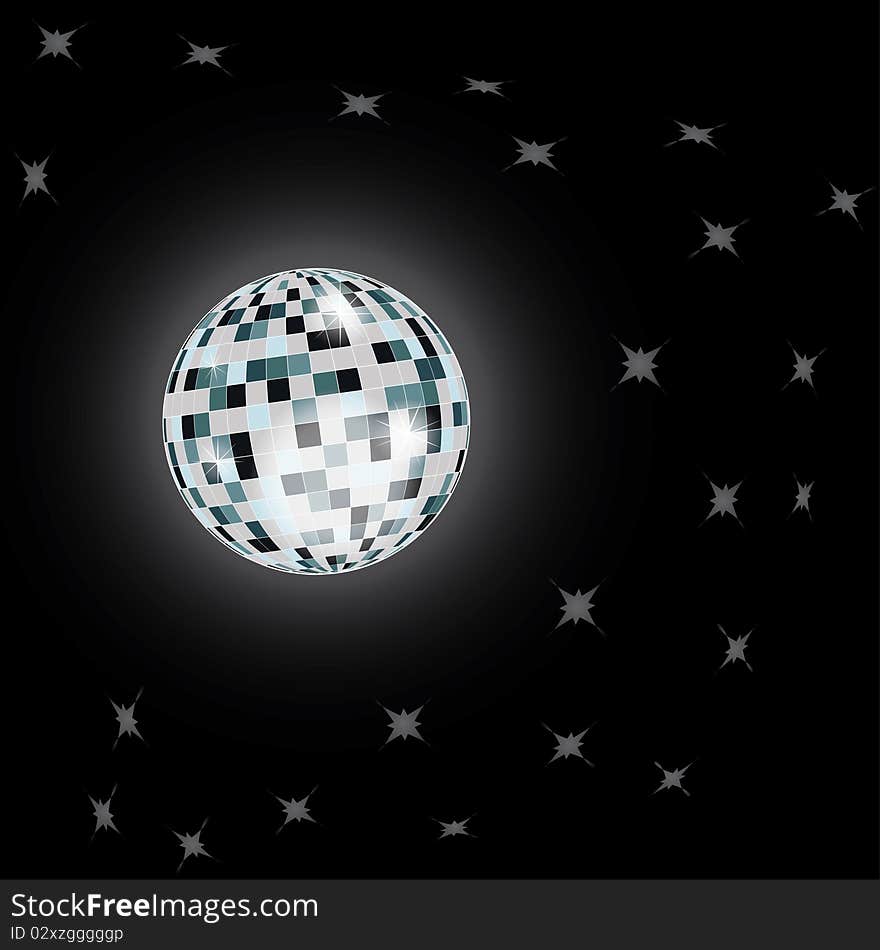 Floating Disco Ball with glow, light reflections and sparkles. Floating Disco Ball with glow, light reflections and sparkles