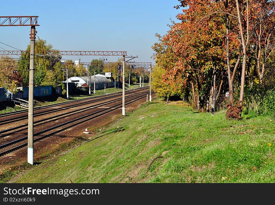 ,railway sunny autumn day yellow foliage. ,railway sunny autumn day yellow foliage