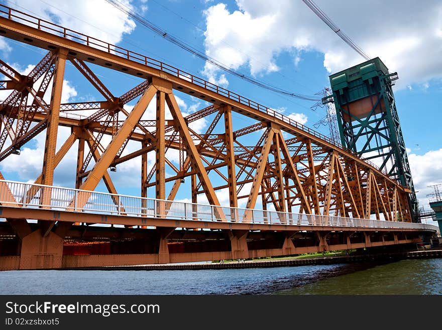 Long iron bridge over a river