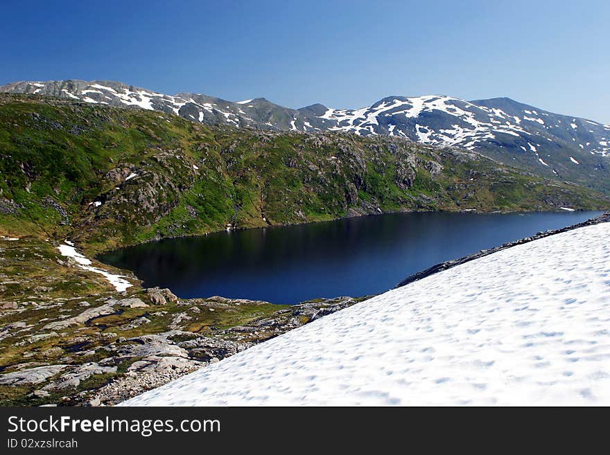 Glacier lake with snow drift