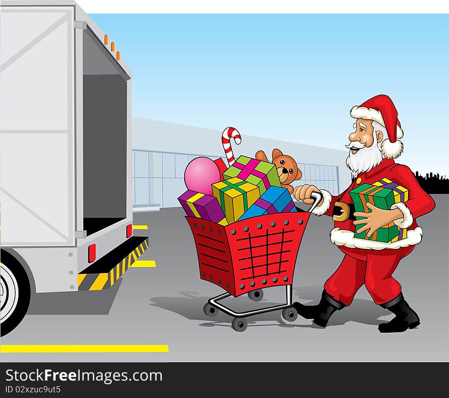 Cartoon of Santa Claus out of the super market with a shopping cart full of christmas presents. Cartoon of Santa Claus out of the super market with a shopping cart full of christmas presents.