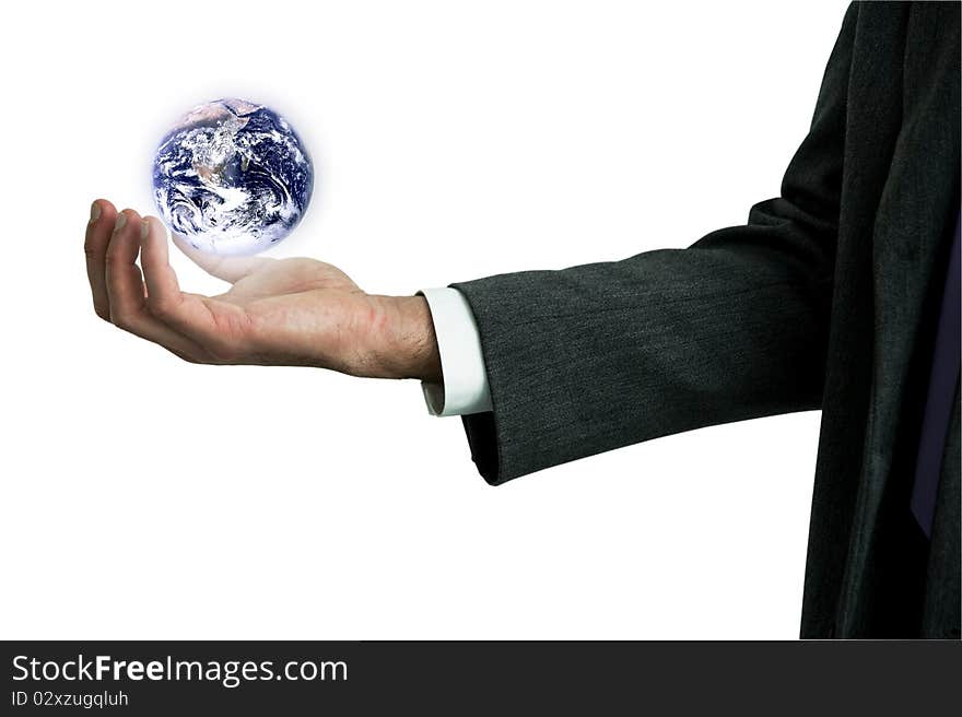 Female hands palms up on white background save the globe from falling. Globe image courtesy of NASA: . Female hands palms up on white background save the globe from falling. Globe image courtesy of NASA: