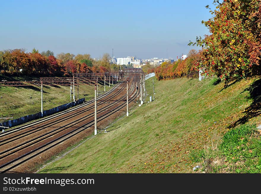 ,railway sunny autumn day yellow foliage. ,railway sunny autumn day yellow foliage