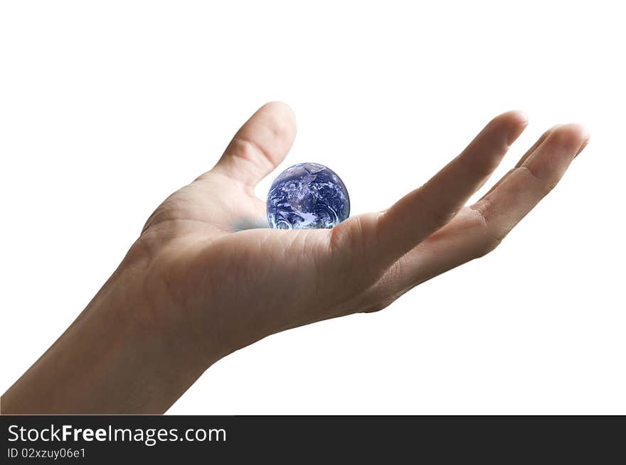 Young male hand palm up on white background with a small fragile planet. Globe image courtesy of NASA: . Young male hand palm up on white background with a small fragile planet. Globe image courtesy of NASA: