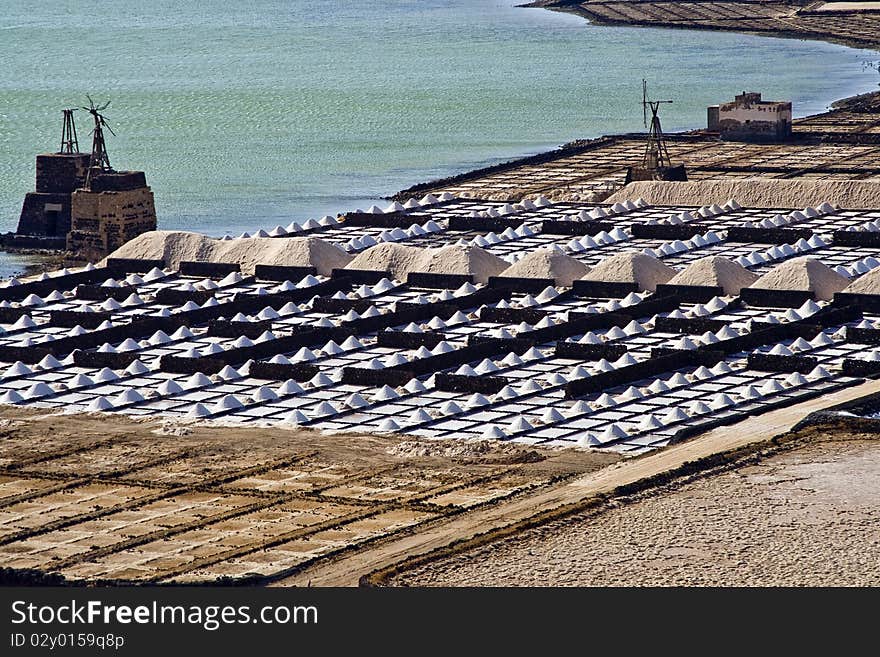 Salt piles on a saline exploration in Janubio, Lanzarote