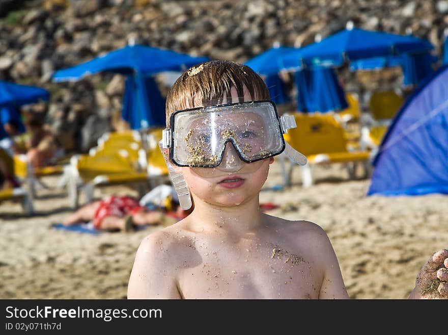 Child, Boy With Diving Goggles At The Beach