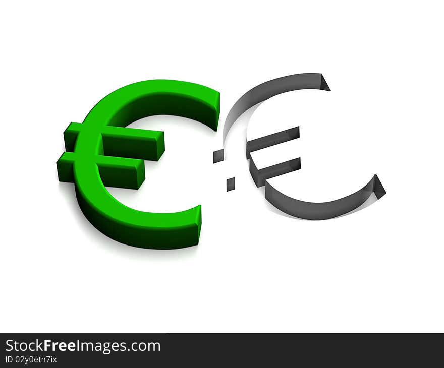 Green Euro showing deep recession on white background.