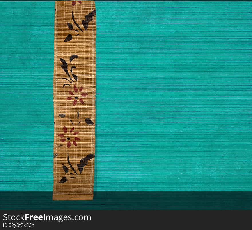 Flower bamboo banner on aquamarine ribbed wood background. Flower bamboo banner on aquamarine ribbed wood background