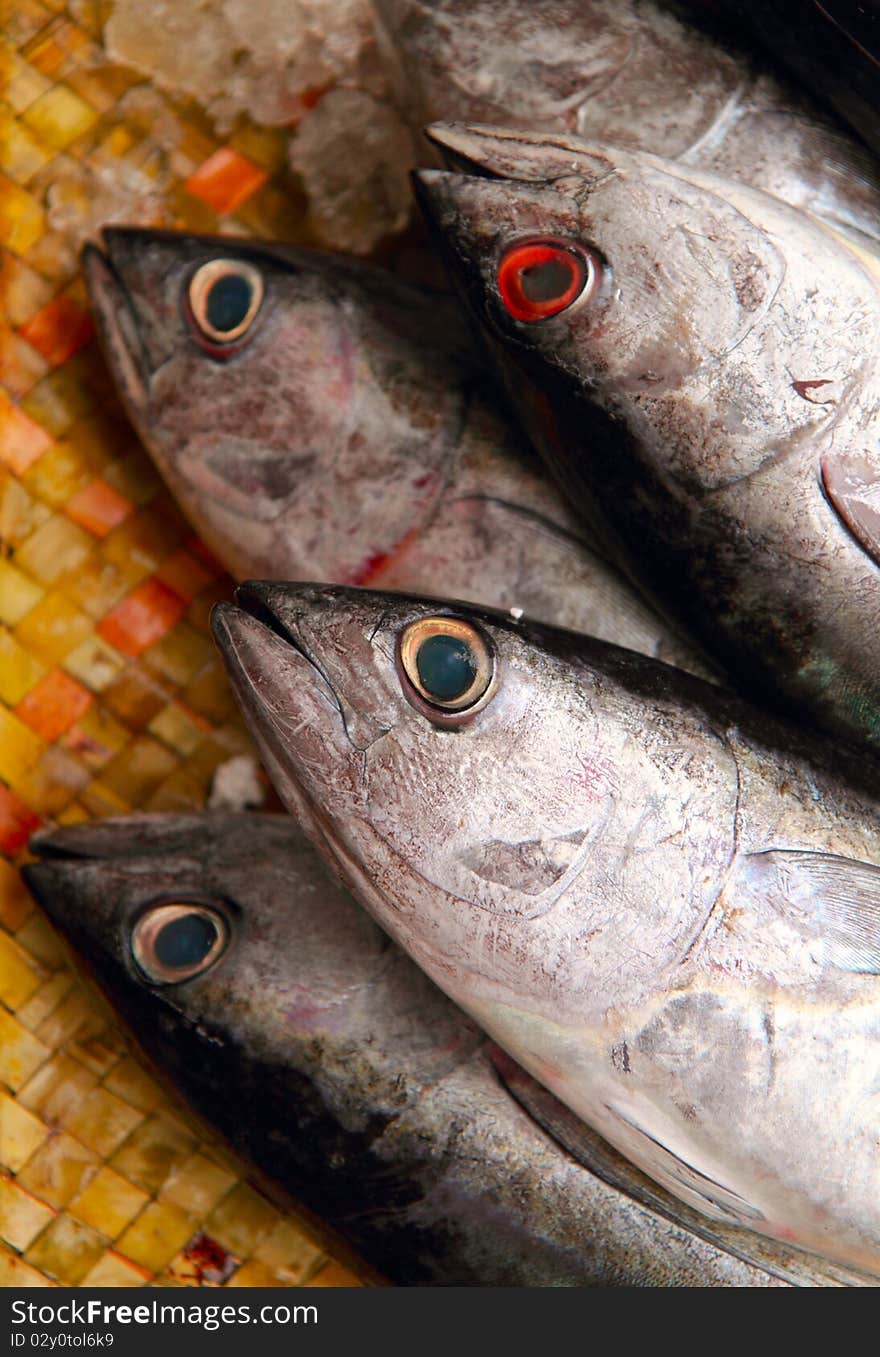 Tuna being sold at a Street fish stall in Russell market, one of Bangalore's oldest markets. Tuna being sold at a Street fish stall in Russell market, one of Bangalore's oldest markets.