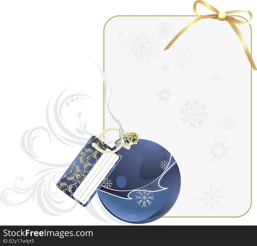 Christmas blue ball with holiday card in the decorative frame. Illustration