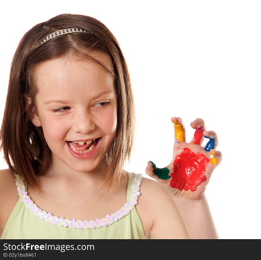 Eight Year Old Girl With Colorful Hand