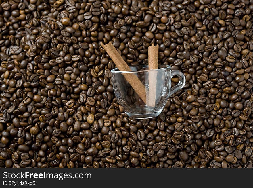 Empty coffee cup with cinnamon on coffee beans bed. Empty coffee cup with cinnamon on coffee beans bed