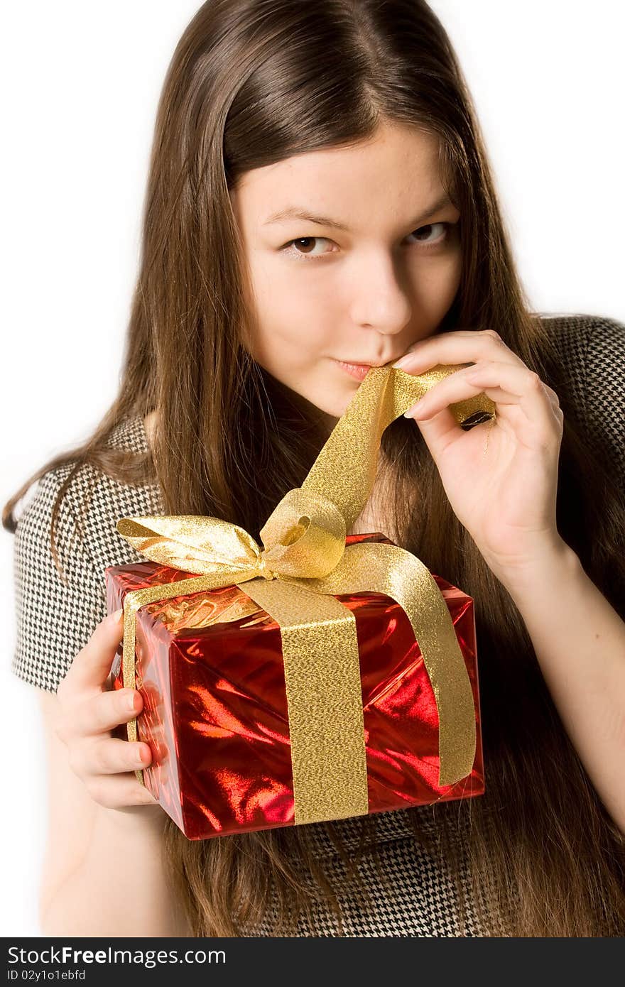 Beautiful woman, holding present in red box