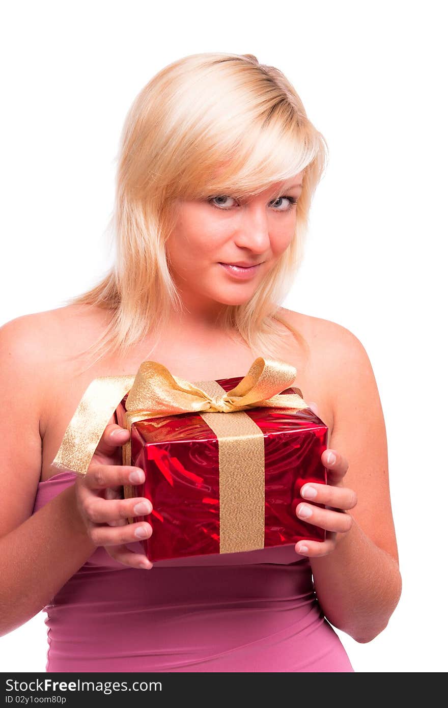 Beautiful woman, holding present in red box. Beautiful woman, holding present in red box