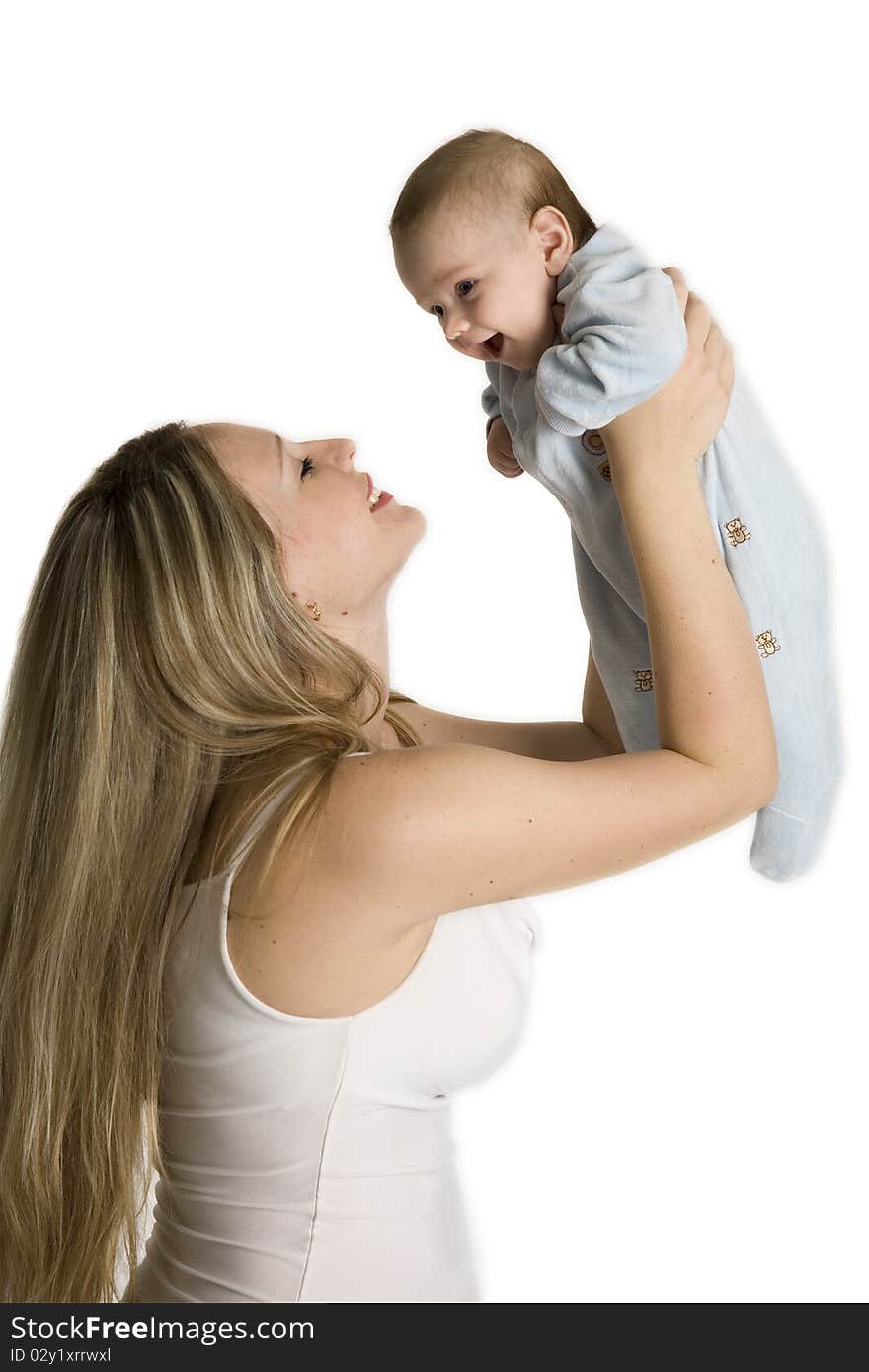 Beautiful baby and mother on a white background. Beautiful baby and mother on a white background