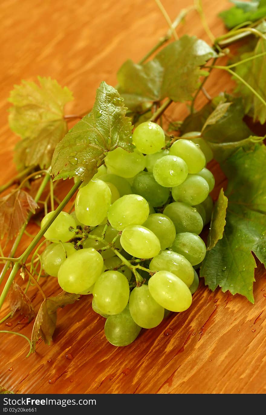 Fresh Grapes And Vine On Wooden