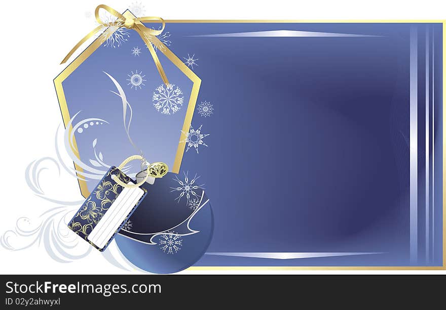 Christmas blue ball with holiday card on the decorative background. Illustration