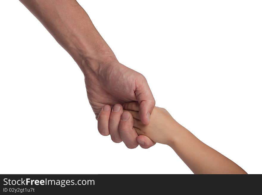 Two hands: man and child, isolated on white