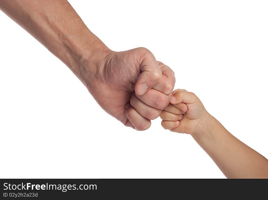 Two hands: man and child, isolated on white