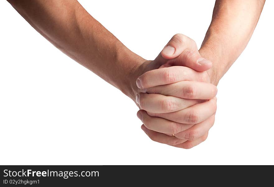 Hand gesture: fingers interlaced, isolated on white